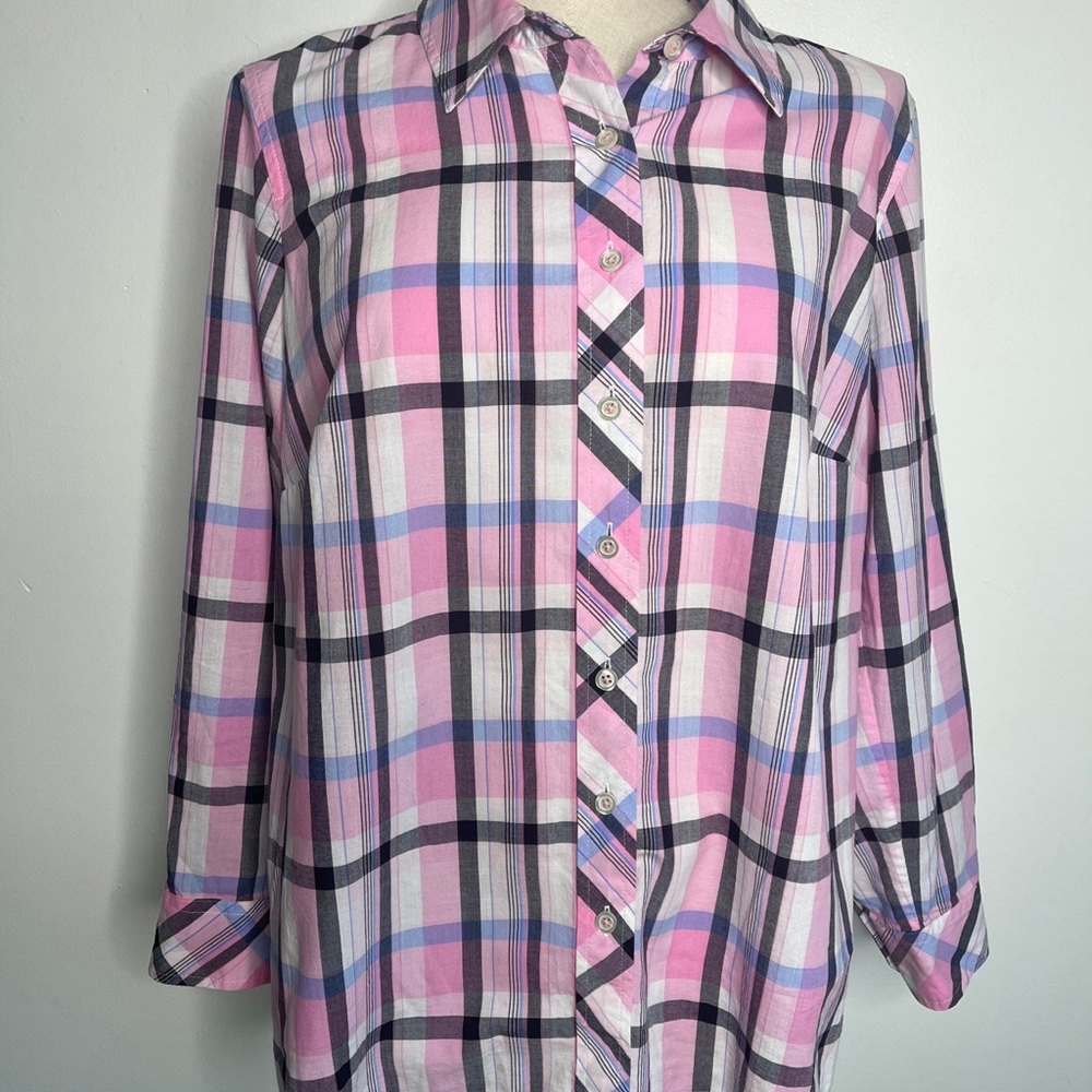 TALBOTS  WOMENS BUTTON UP SHIRT PINK BLUE PLAID COTTON TOP 1X petite